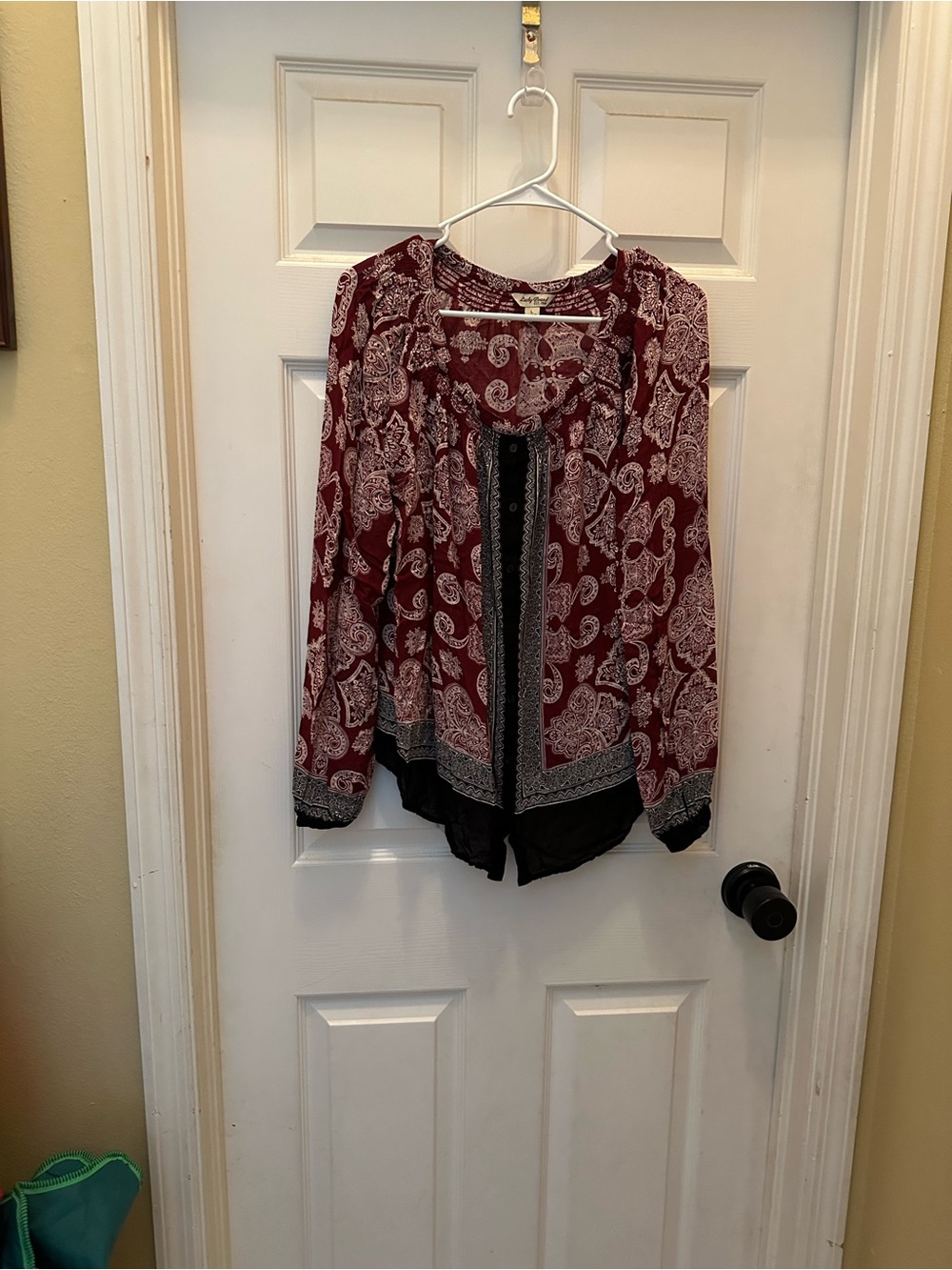 Lucky Brand Burgundy Paisley Peasant Blouse with Black Trim